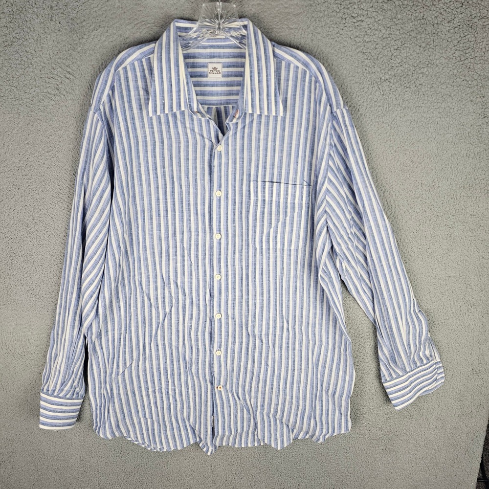 Peter Millar Button Down Mens XL Blue Striped 100% Linen Long Sleeve Crown Shirt